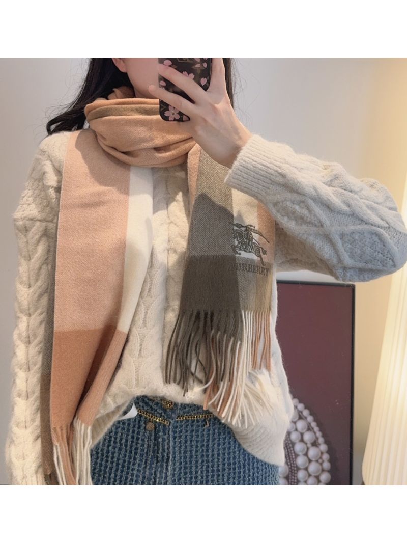 Burberry Grey 100% Cashmere Scarf with Dual-Sided Embroidery & Iconic Check - Luxe Elegance