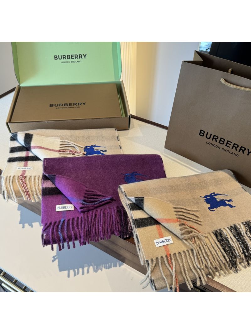 Burberry Brown Cashmere Scarf with Dual-Sided Embroidery & Iconic Check, Luxuriously Soft