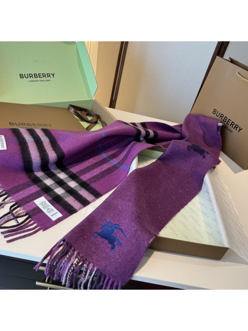 Burberry Purple Cashmere Scarf with Dual-Sided Embroidery & Iconic Equestrian Motif