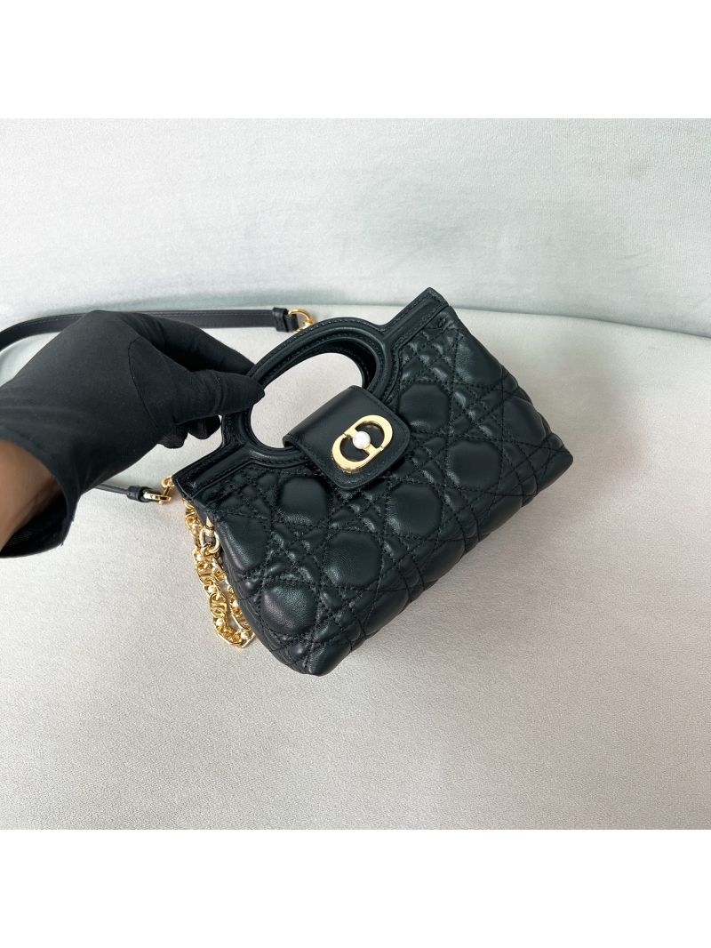 Dior D-Jolie Mini Bag with Top Handle in Cannage Lambskin with White Resin Pearls Black S3123