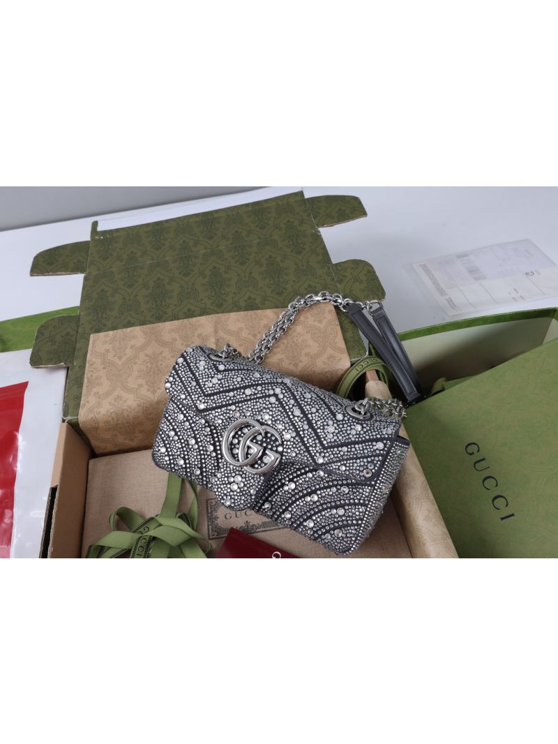 Gucci GG Marmont Small Shoulder Bag with Crystals in Black Quilted Leather 443497