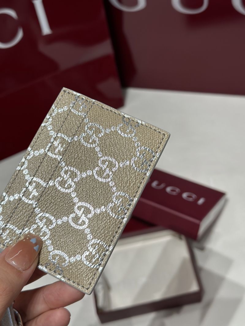 Gucci GG Emblem Card Case with Strap in Fabric Beige and Sliver 819121