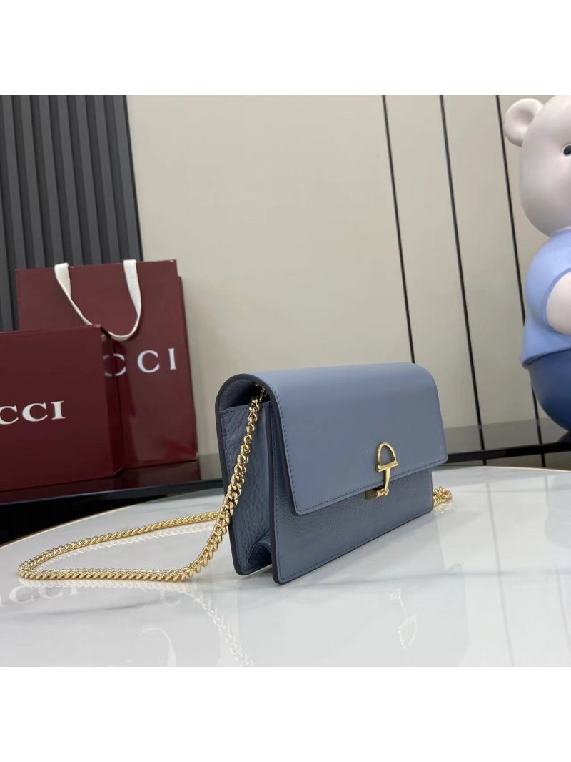 Gucci Mini Half-Horsebit Shoulder Bag in Grained Leather Light Blue 837373