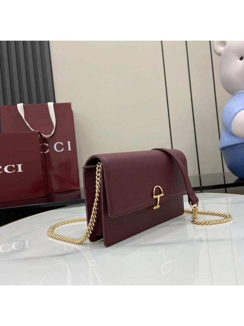 Gucci Half Horsebit Wallet on Chain in Grained Leather Rosso Ancora 837373