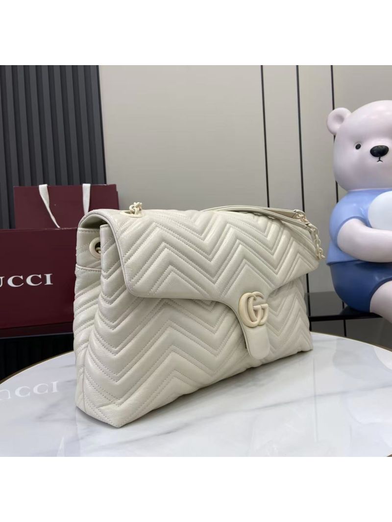 Gucci GG Marmont Large Shoulder Bag in Soft Lightweight Matelassé Chevron Leather Ivory White 850659