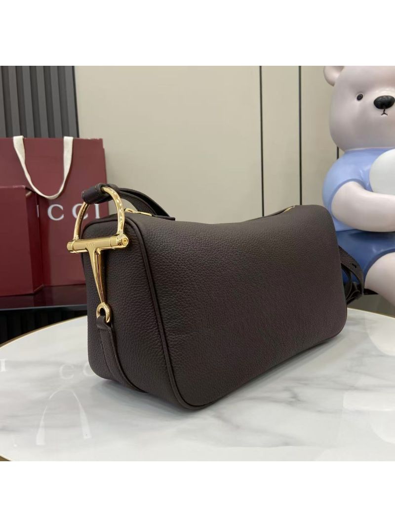 Gucci Half-Horsebit Medium Shoulder Bag in Grained Leather Brown 860787