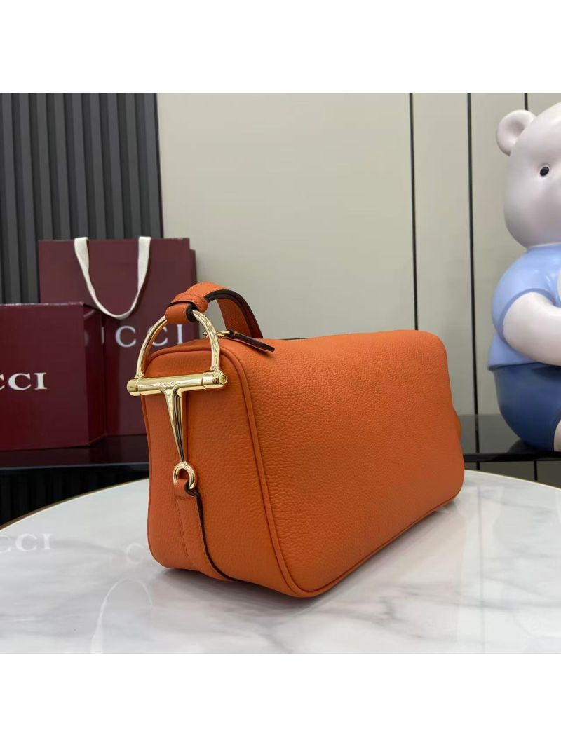 Gucci Half Horsebit Medium Shoulder Bag in Orange Grained Leather 860787
