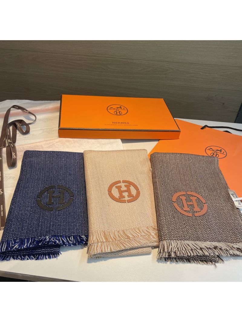 Hermes Brown Cashmere Scarf with Woven 'H' & Leather Embellishment - Luxe Elegance