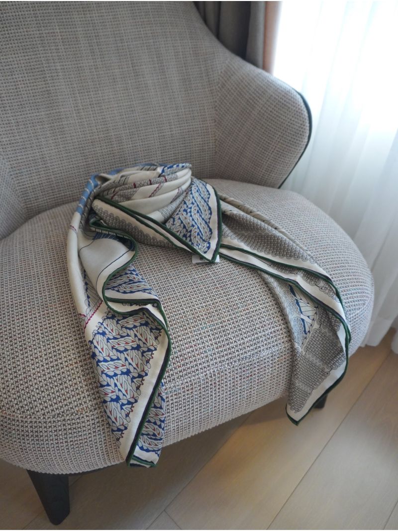 Hermes Silk Twill Scarf in Cream and Navy Feathered Print - Timeless Elegance