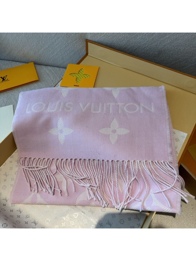 Louis Vuitton 100% Wool Pink Monogram Scarf with Delicate Fringe - Luxe Elegance