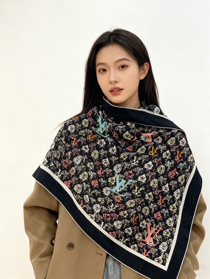 Louis Vuitton x Takashi Murakami Silk-Cashmere Scarf, Black Multicolor Monogram, Luxe Velvet Touch