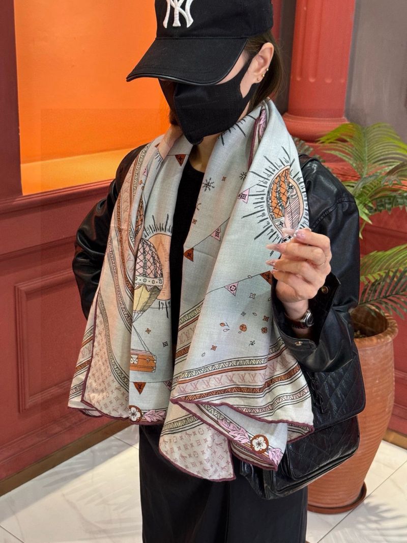 Louis Vuitton Brown Velvet Scarf, 140cm, Hot Air Balloon Print, Luxe Traveler's Dream