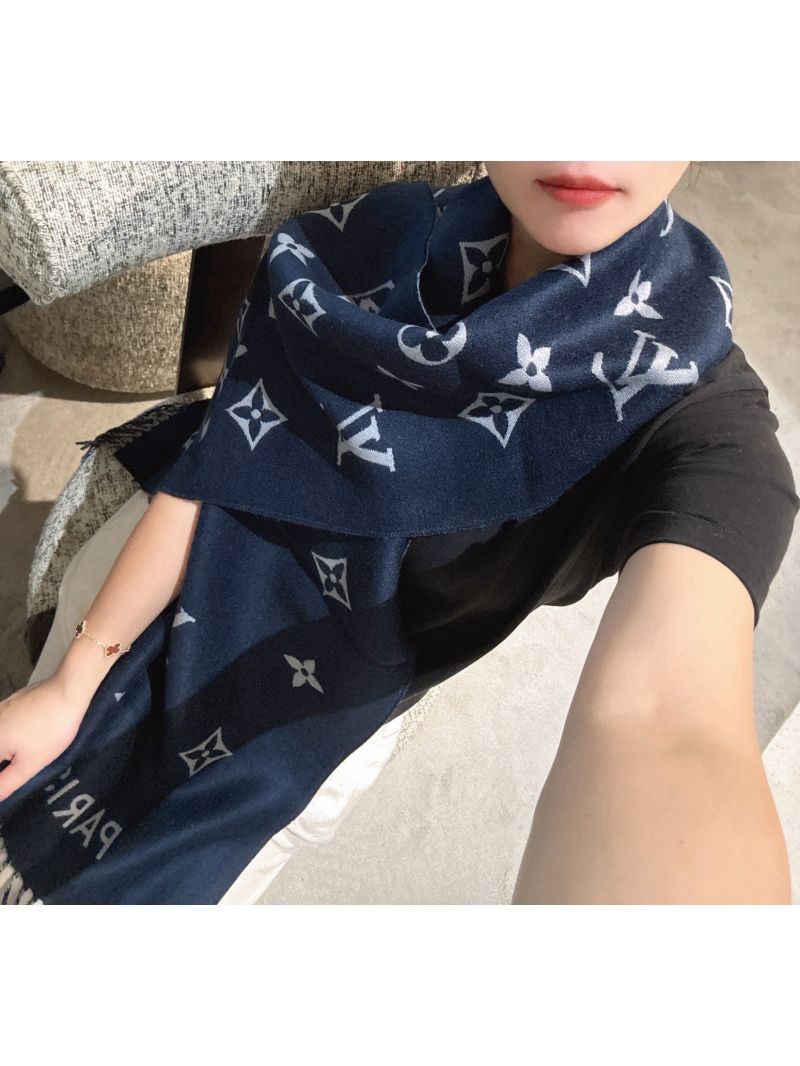 Louis Vuitton Blue-Gray Monogram Scarf, Luxe Wool Blend, Iconic Pattern, Sophisticated Statement
