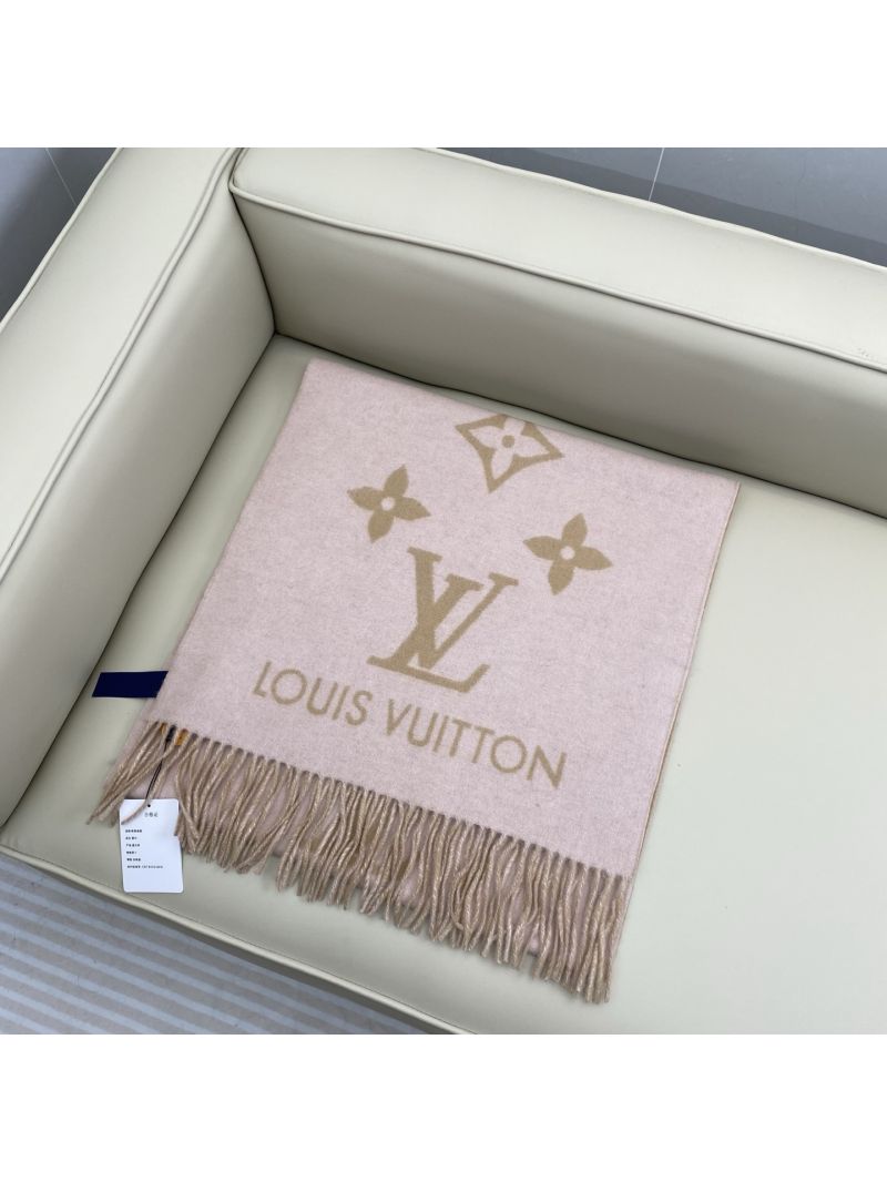 Louis Vuitton 100% Cashmere Scarf in Blush & Camel, Monogram Jacquard, Luxe Fringe