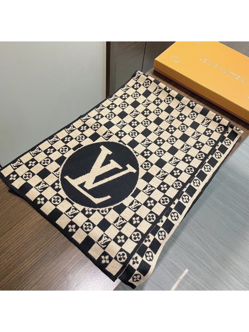 Louis Vuitton Cashmere Scarf, Black & Beige Checkered Pattern, Luxe Warmth & Elegance