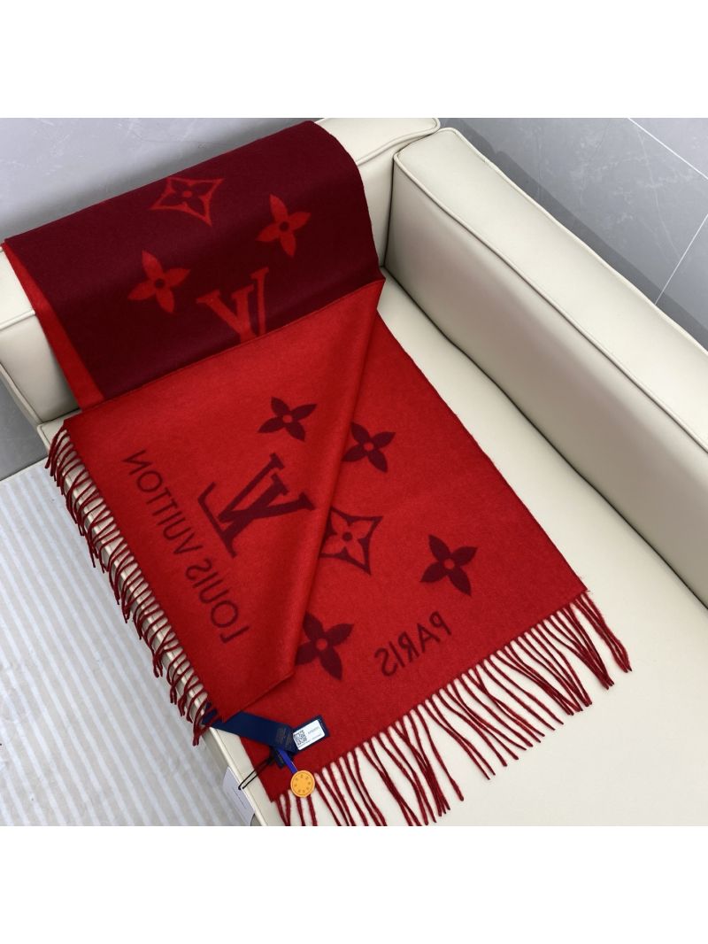 Louis Vuitton 100% Cashmere Scarf in Crimson Red, Monogram Floral Pattern, Luxe Fringe Finish