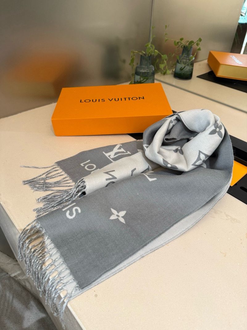 Louis Vuitton Grey-White Monogram Scarf, Luxe Wool Blend, Iconic Pattern, Sophisticated Statement