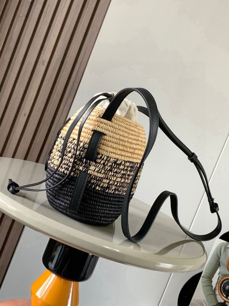 Loewe Beehive Basket Bag in Iraca Palm and Calfskin Natural/Black A223099X02