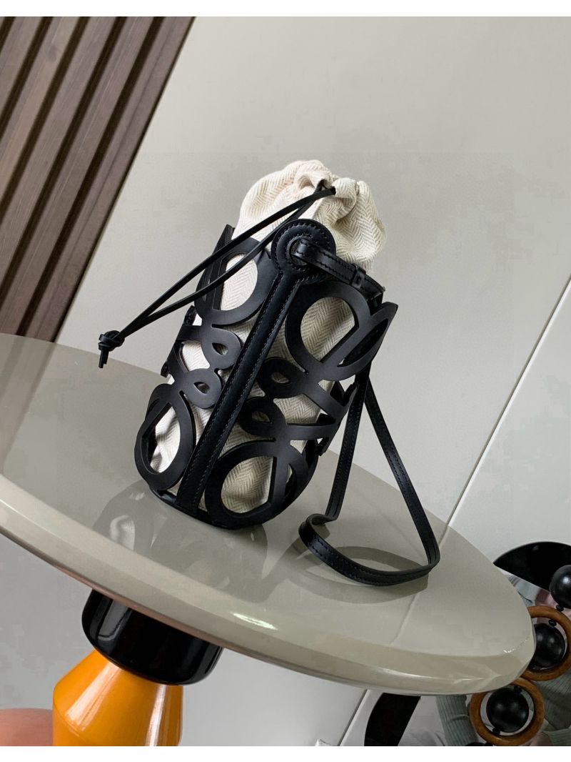 Loewe Anagram Cut-out Pocket in Classic Calfskin and Herringbone Canvas Black C821G55X01