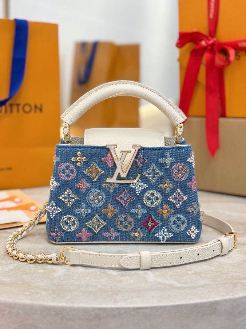 Louis Vuitton lv Capucines Mini M12947 Monogram denim embroidered with intricate beads and metallic Lurex threads