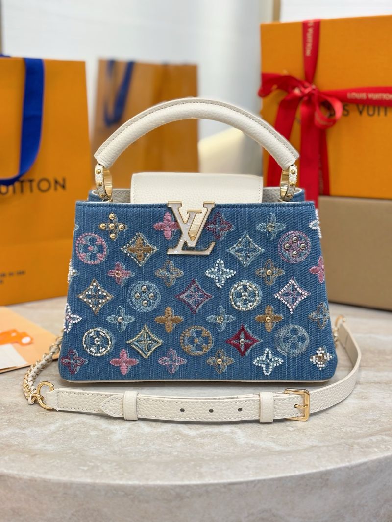 Louis Vuitton lv Capucines BB M12947 Monogram denim embroidered with intricate beads and metallic Lurex threads