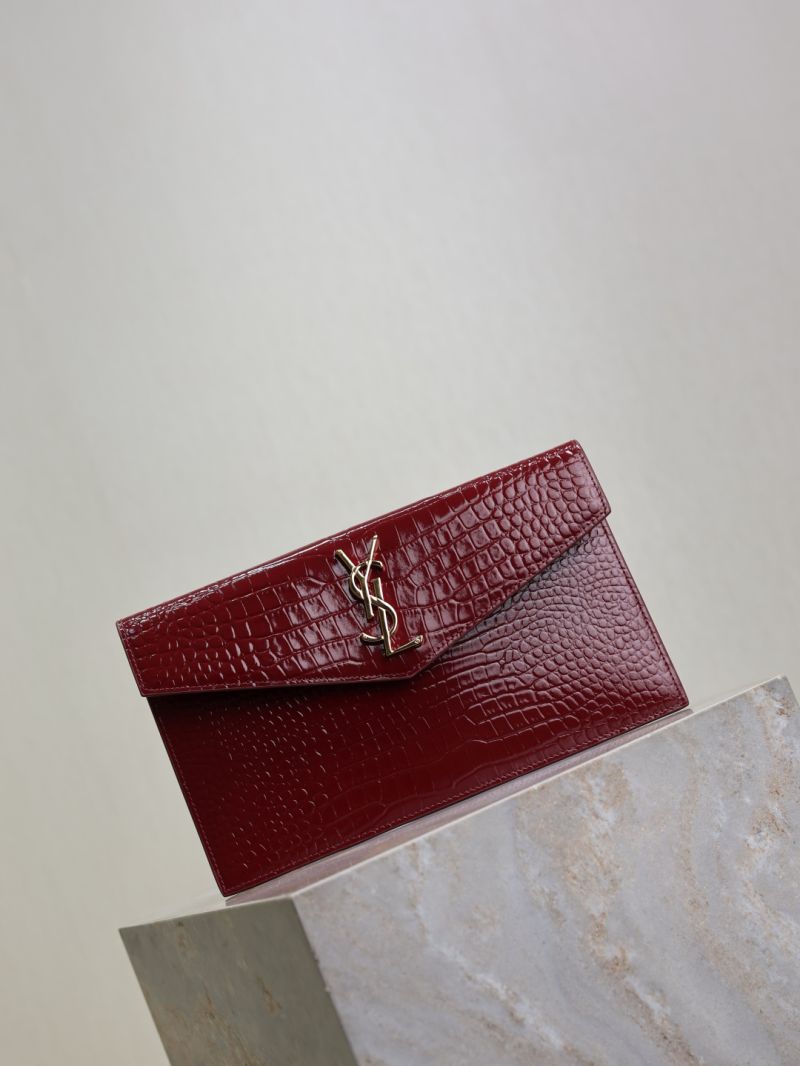 Saint Laurent Uptown Pouch in Shiny Crocodile-Embossed Leather Burgundy 565739
