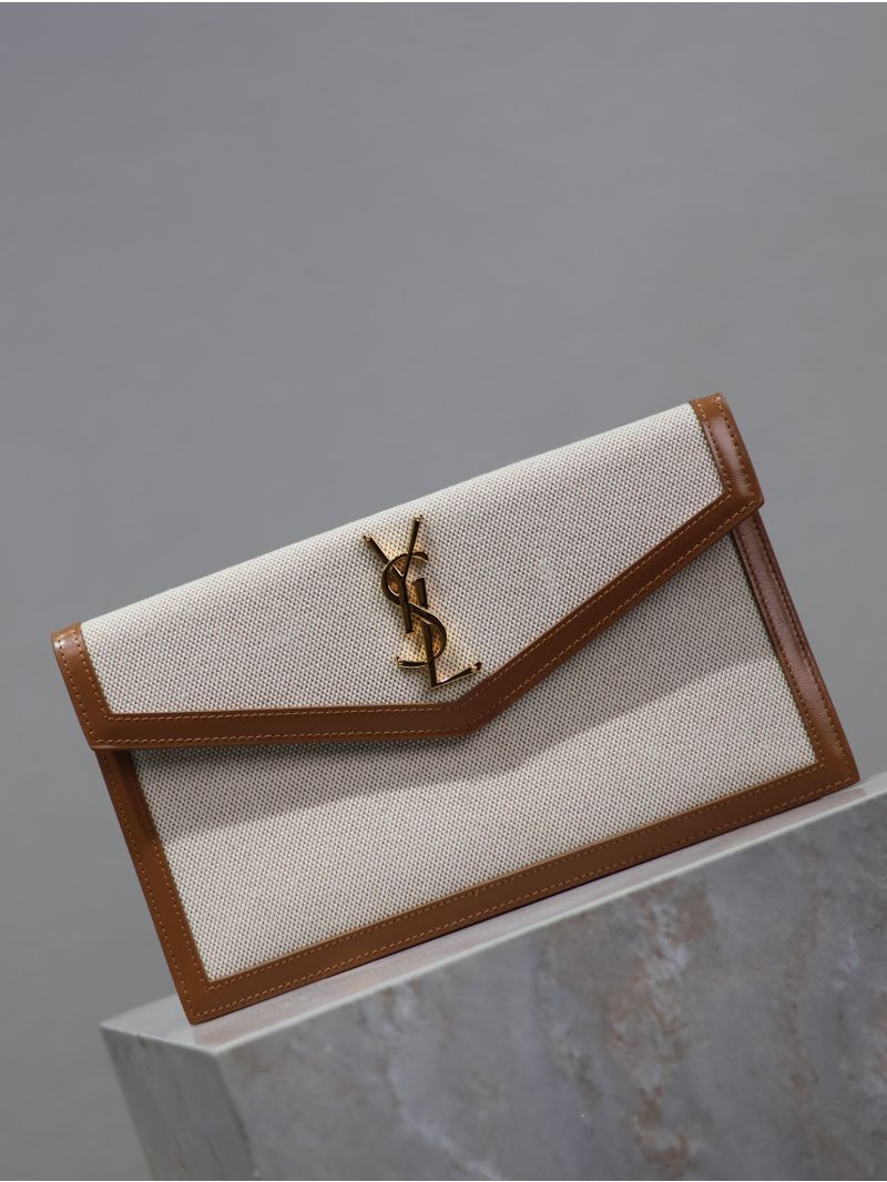 YSL-Saint Laurent Uptown Pouch in Canvas and Smooth Leather Beige/Brick 56573996NAE9273