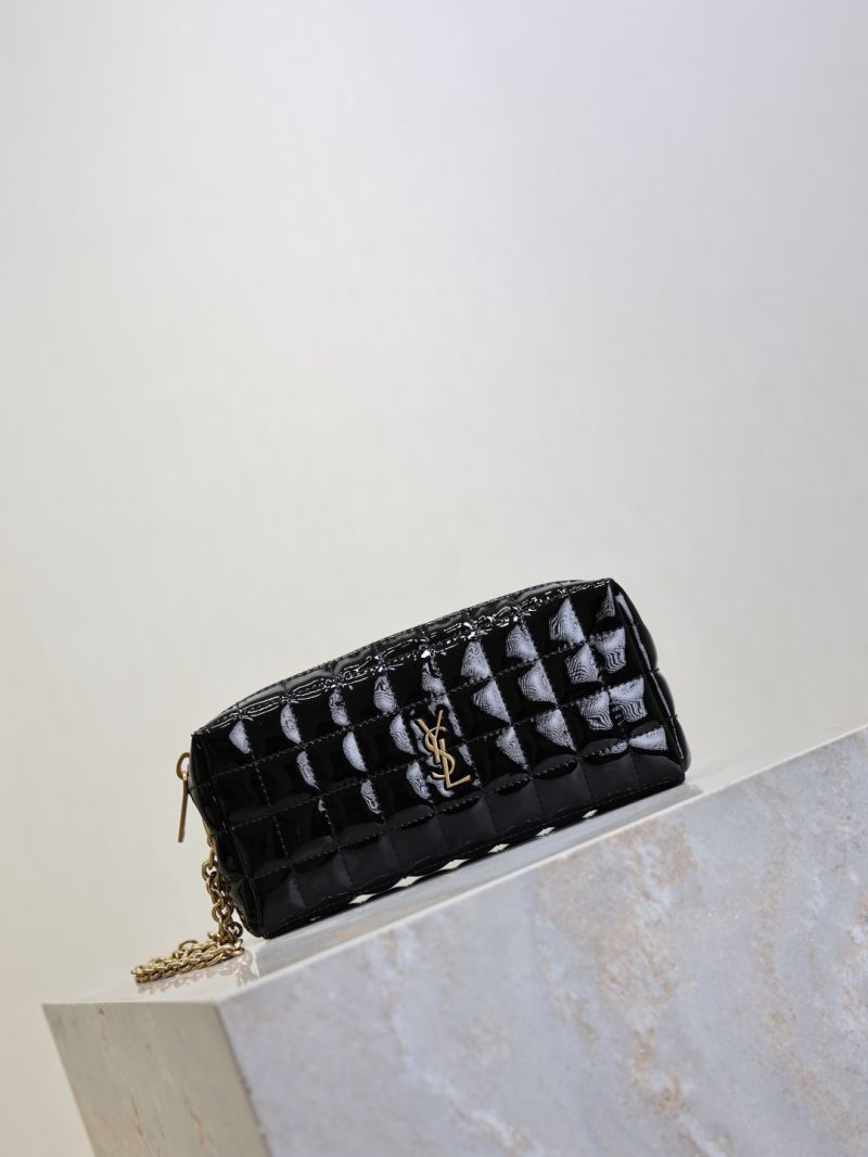 Saint Laurent Le Cassandre Matelassé Carré Pouch on Chain in Quilted Patent Leather Black 779649
