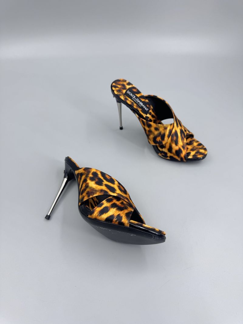 DOLCE & GABBANA LEOPARD-PRINT SATIN MULES 85-MM METAL HEEL CR1738A GOLD
