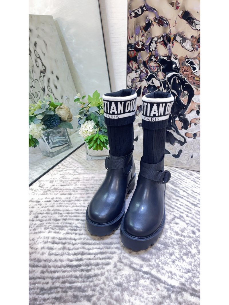 DIOR D-MAJOR ANKLE BOOT BLACK CALFSKIN WITH BLACK AND WHITE TECHNICAL KNIT KDT268L