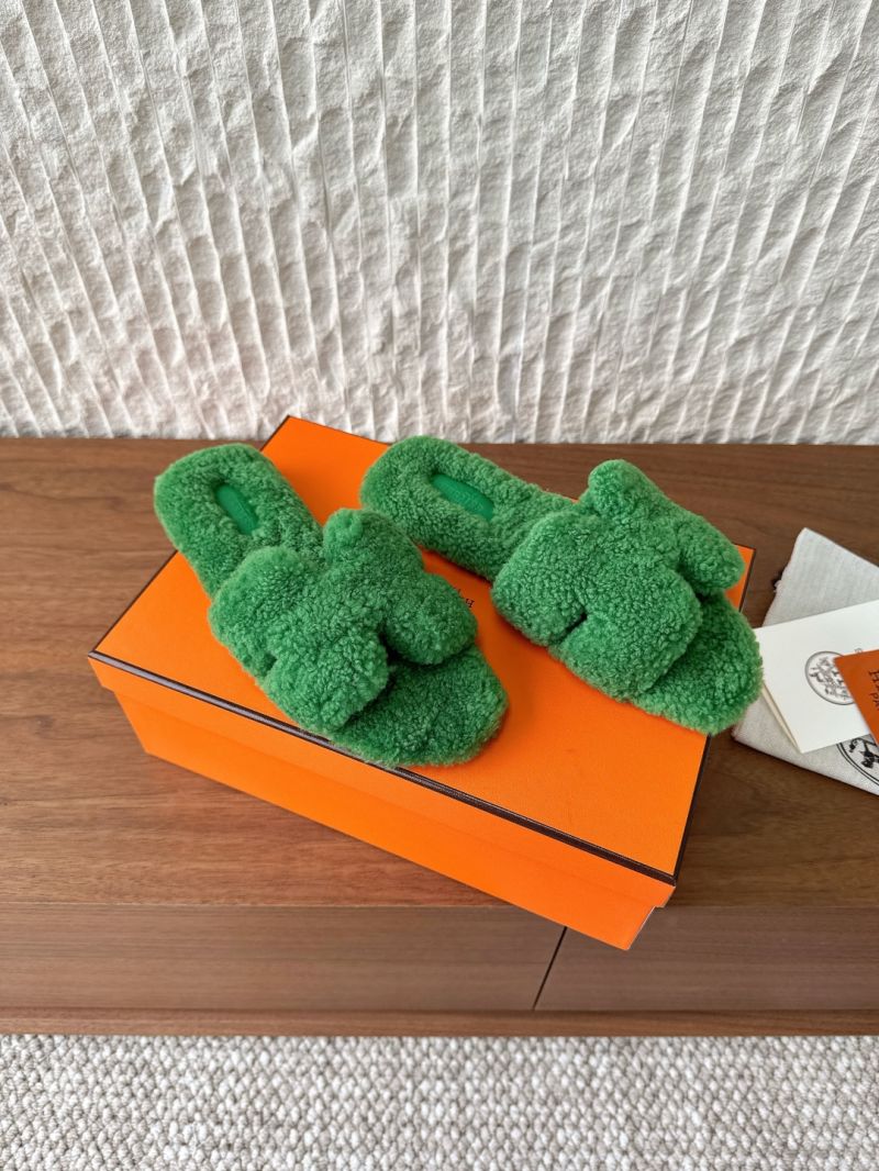 Hermes Oran Sandals in Shearling H212178Z Teddy Slides Grass Green