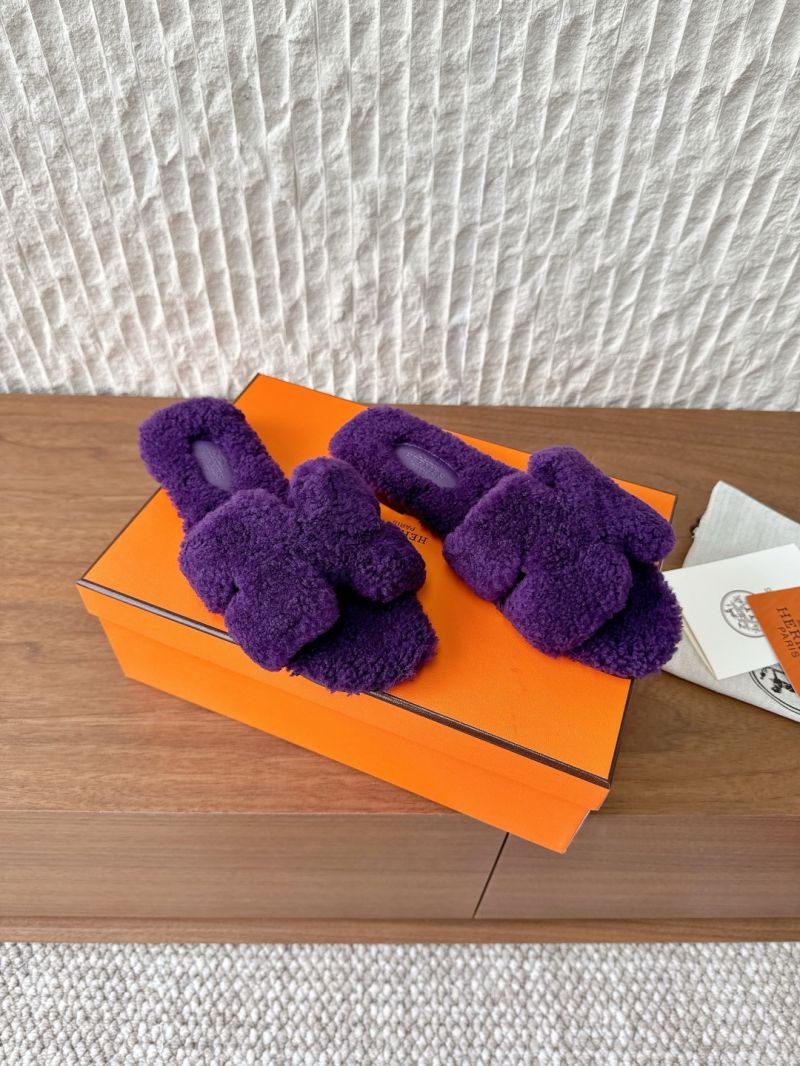 Hermes Oran Sandals in Shearling H212178Z Teddy Slides Purple