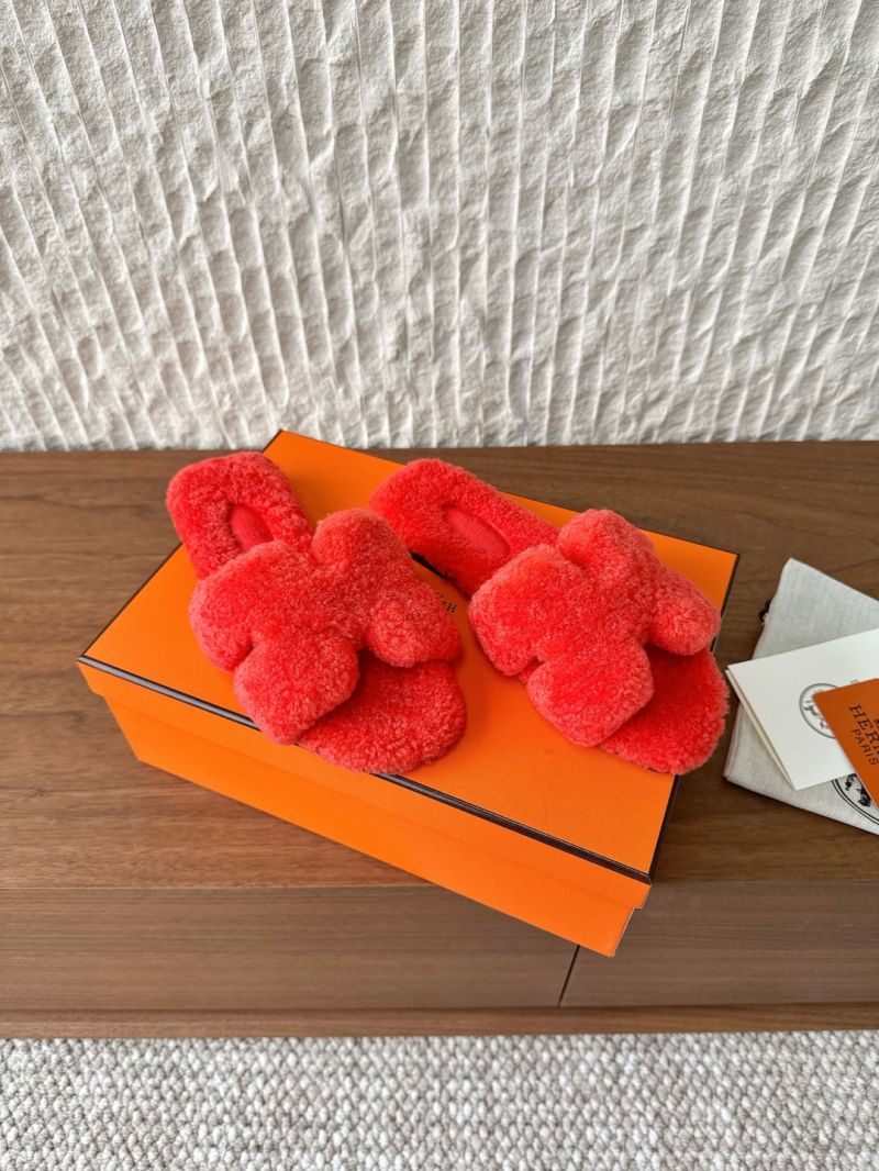 Hermes Oran Sandals in Shearling H212178Z Teddy Slides Orange