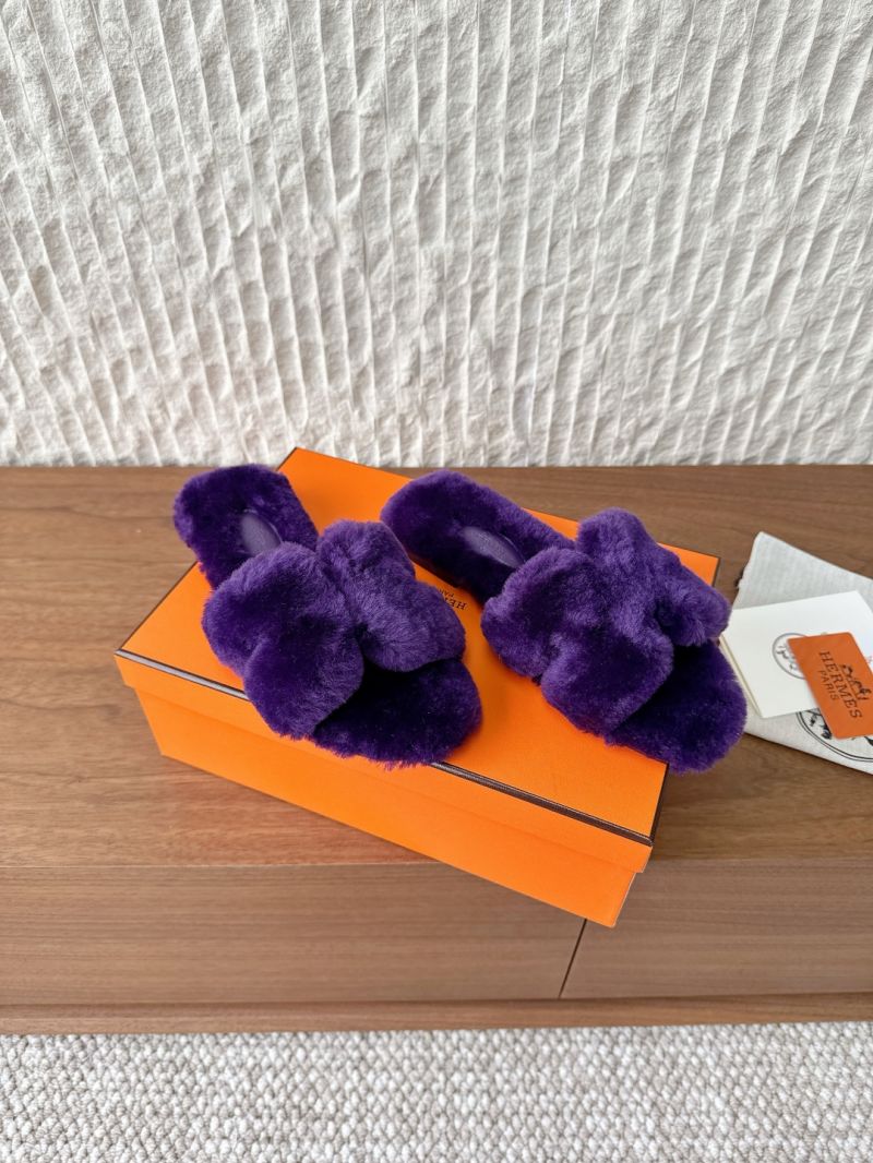 Hermes Oran Sandals in Woolskin H212178Z Teddy Slides Purple
