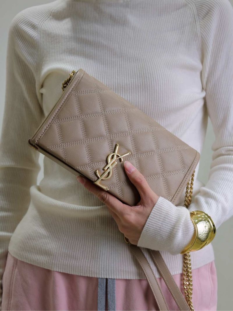 YSL Saint Laurent Becky Chain Wallet In Diamond-quilted Lambskin 585031 Dark Beige