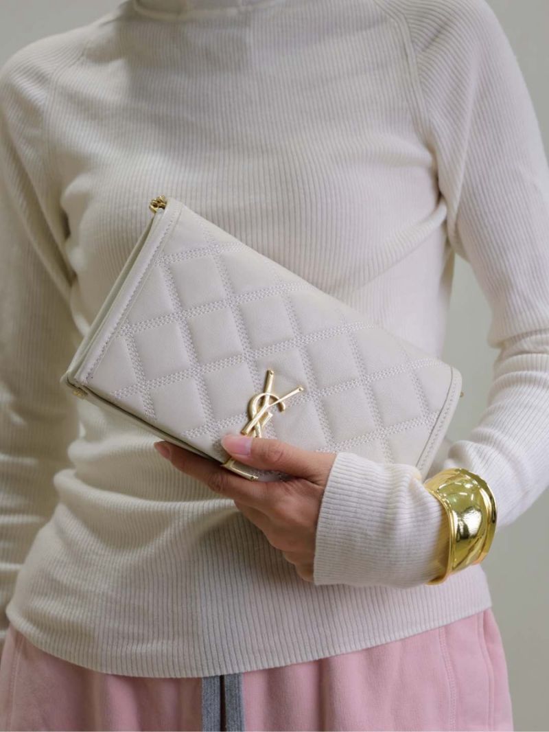 YSL Saint Laurent Becky Chain Wallet In Diamond-quilted Lambskin 585031 White