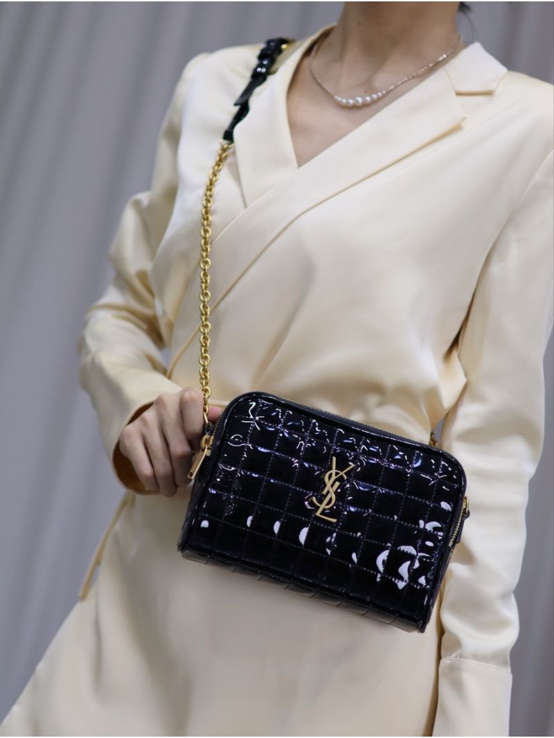 YSL Saint Laurent Cassandre matelassé carré camera bag in black patent leather 764809