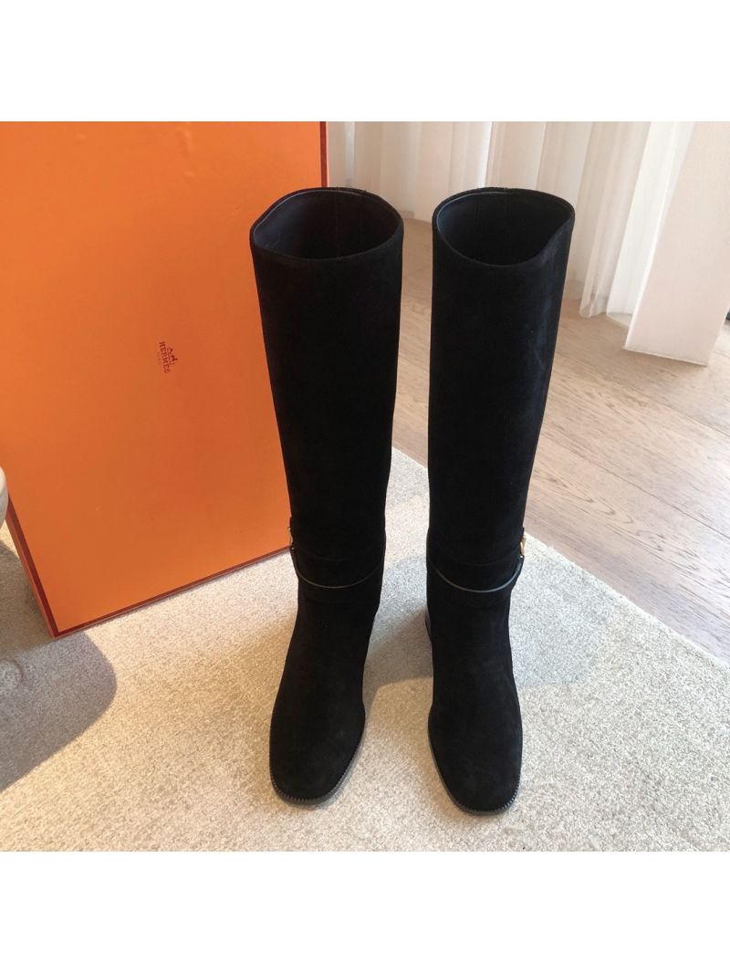 Hermes Justine 50 Boot With Glenan Buckle H242005Z Suede Calfskin Black