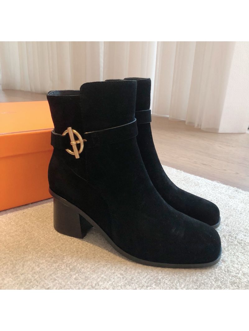 Hermes Jill 60 Ankle Boot With Glenan Buckle H242007Z Suede Calfskin Black