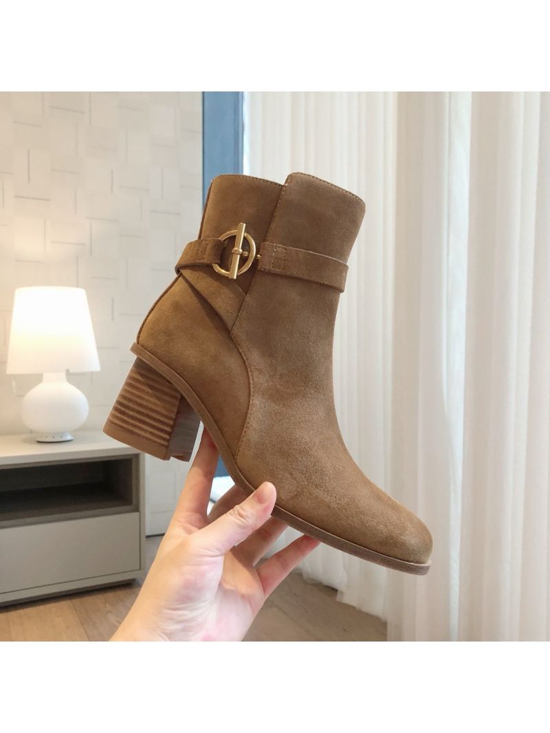 Hermes Jill 60 Ankle Boot With Glenan Buckle H242007Z Suede Calfskin Brown