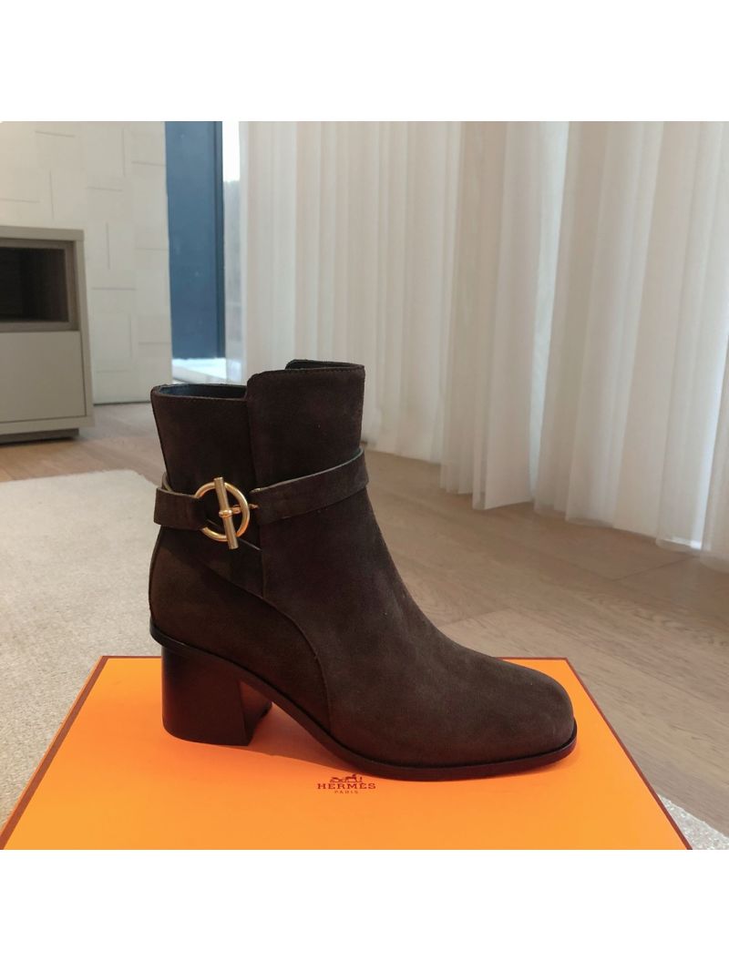 Hermes Jill 60 Ankle Boot With Glenan Buckle H242007Z Suede Calfskin Ecorce