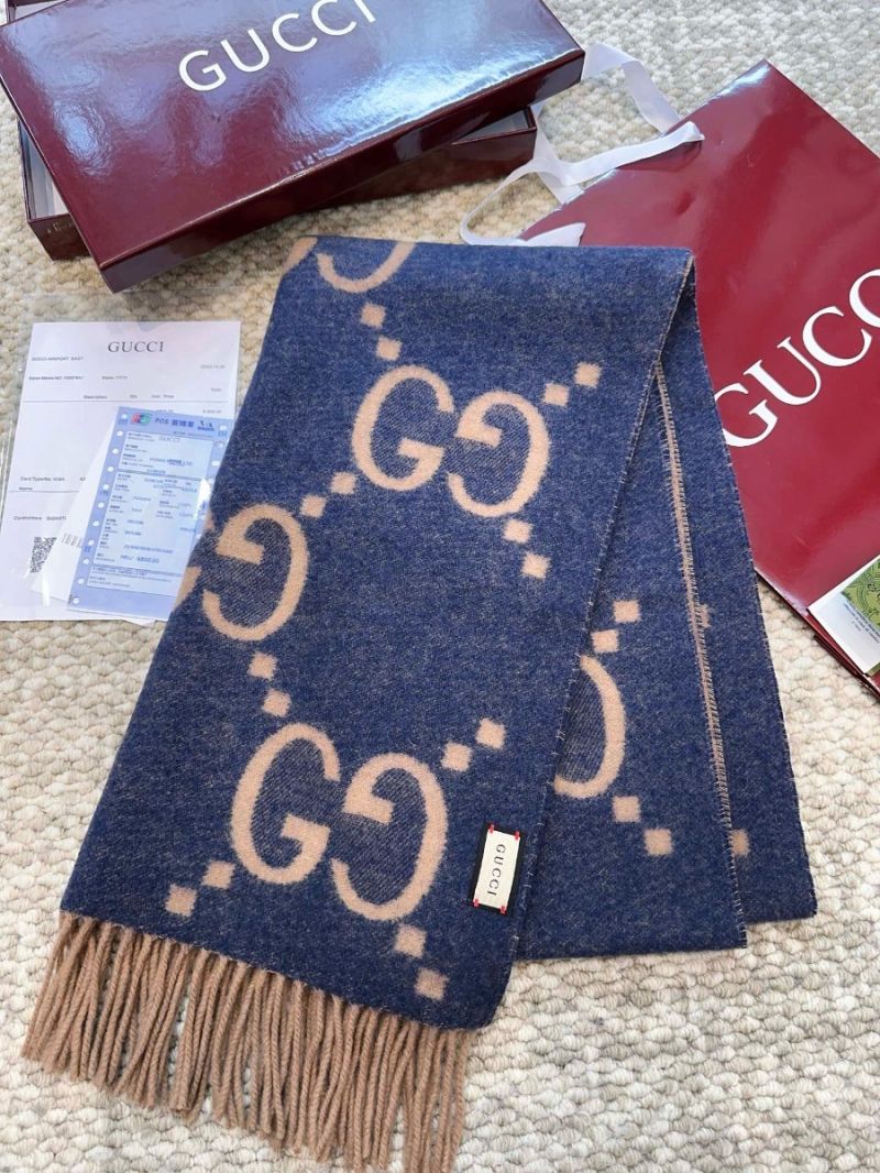 Gucci GG Cashmere Jacquard Scarf 674275 Blue Camel