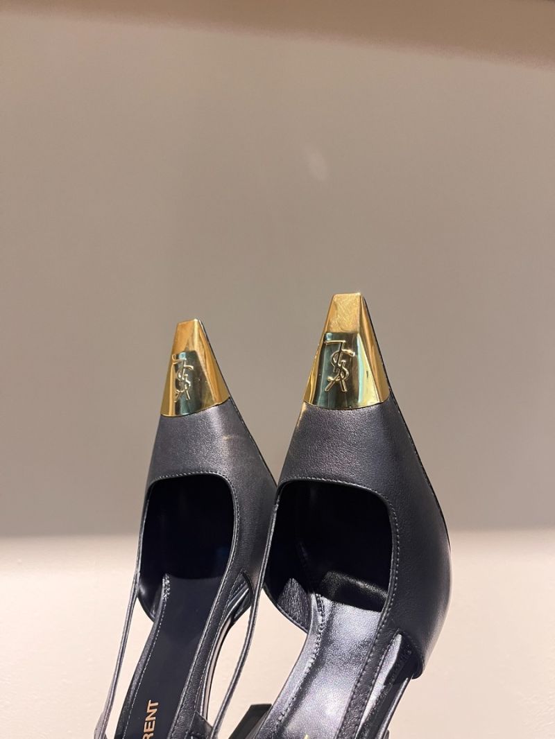 YSL Saint Laurent Jeanne Slingback Pumps In Leather with Blade Pointed Metal Cap Toe 800164