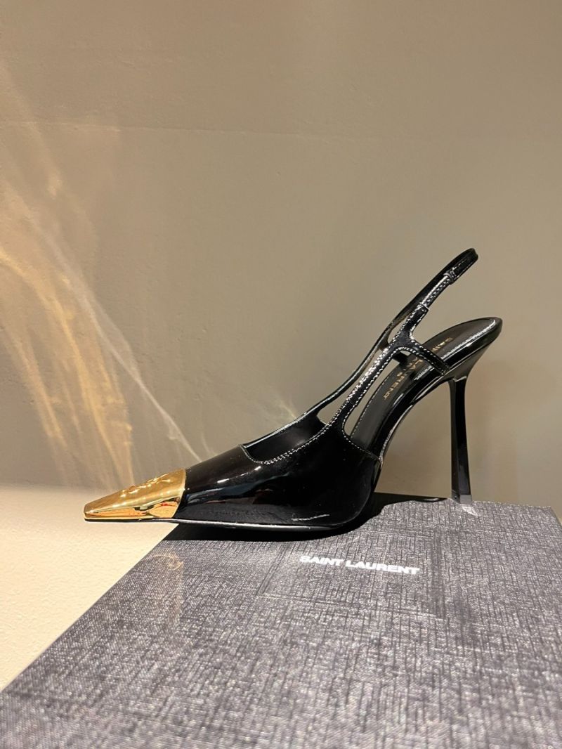 YSL Saint Laurent Jeanne Slingback Pumps In Leather with Square Pointed Metal Cap Toe 800164