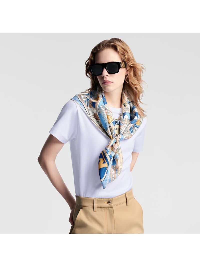 Louis Vuitton Journey Silk Scarf, Bleu & Gold, 18mm Double-Sided, Luxurious Travel Motif