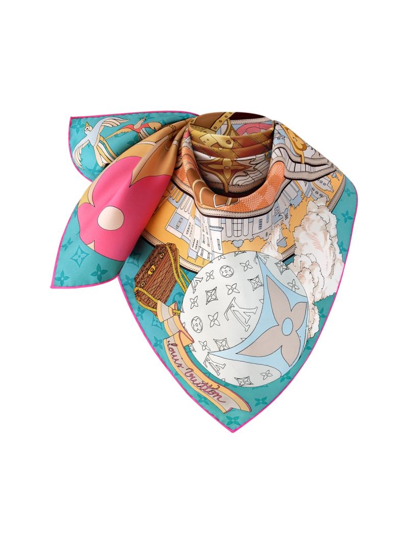 Louis Vuitton 18mm Silk Scarf, Bleu Canard, Journey Motif, Luxurious