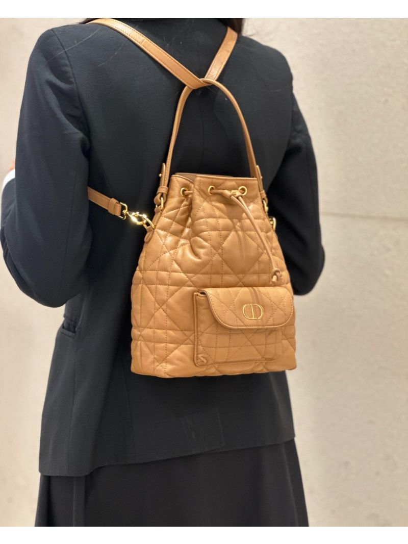 Small Dior Caro Bucket Bag Light Gold-Tone Macrocannage Lambskin M3372U