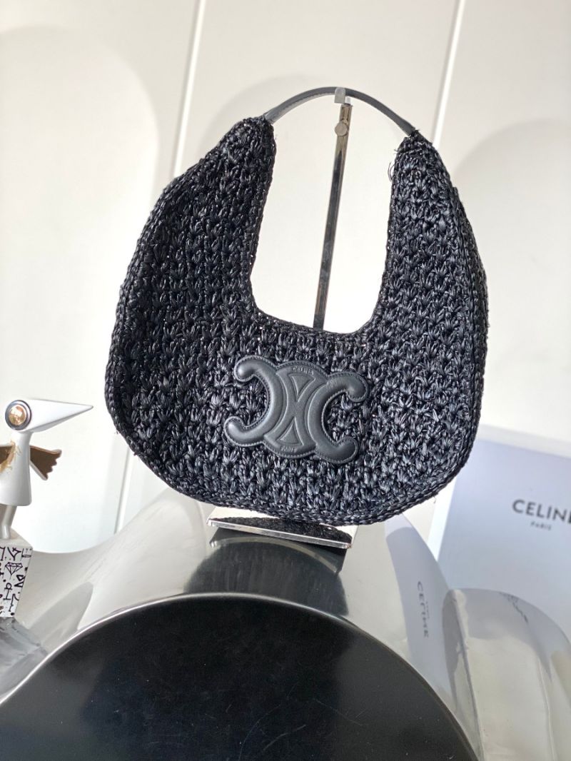 Celine Classic Panier Hobo Bag In Raffia And Calfskin 112772E Black
