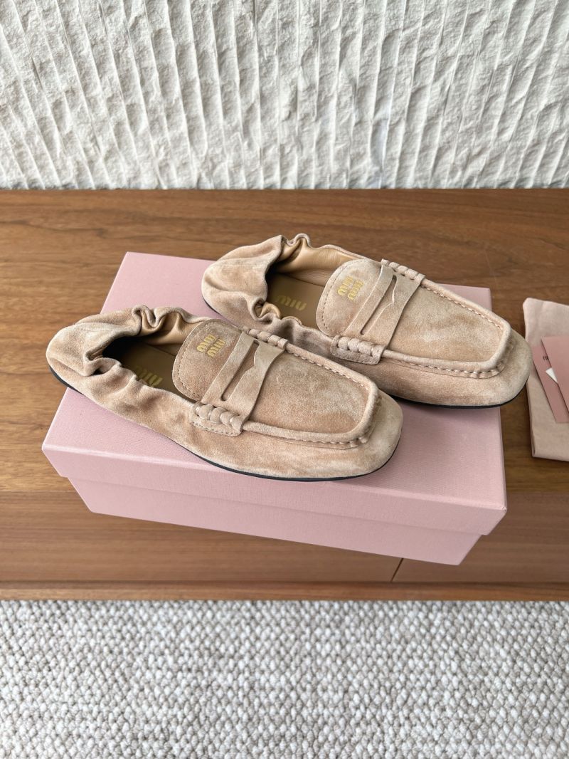 MIU MIU RUCHES SUEDE LEATHER LOAFERS 5D341E DESSERT BEIGE