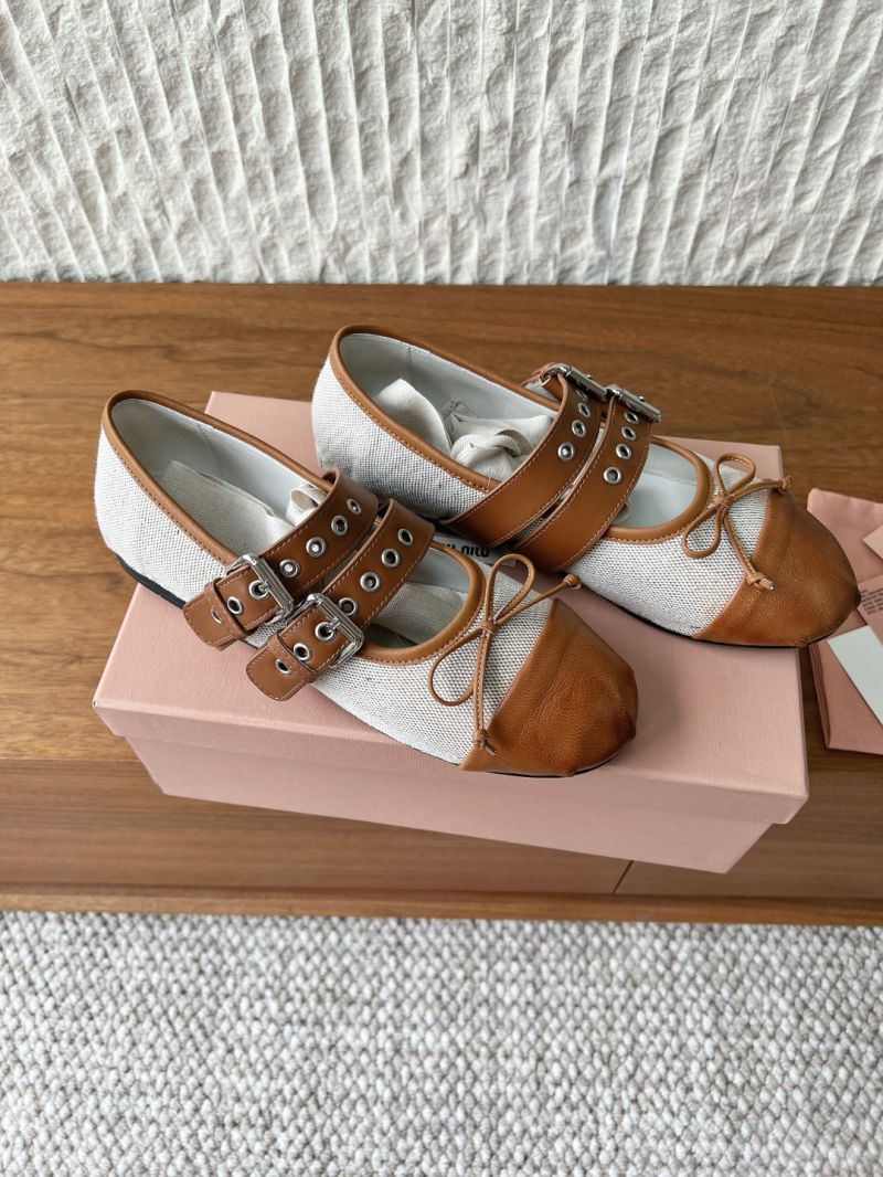 MIU MIU CANVAS AND CALF LEATHER BALLERINAS 5F466A BEIGE TOBACCO